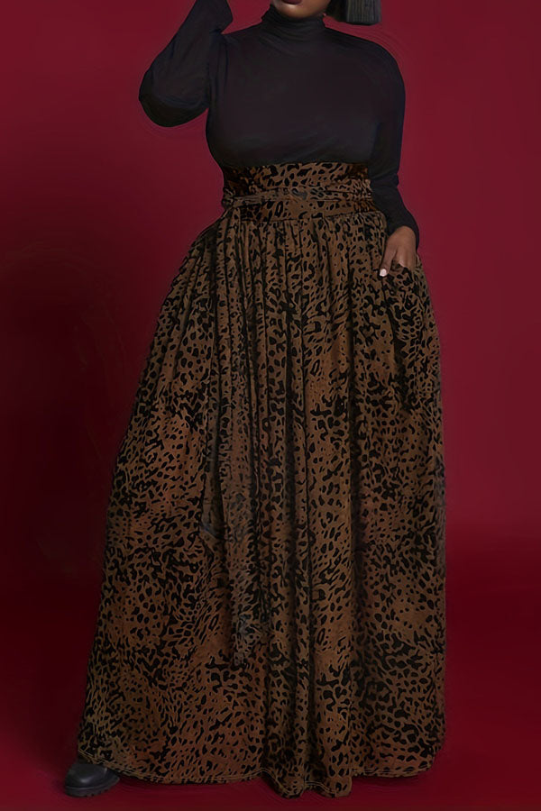 storexq Leopard Print Versatile Swing High Waist Skirt