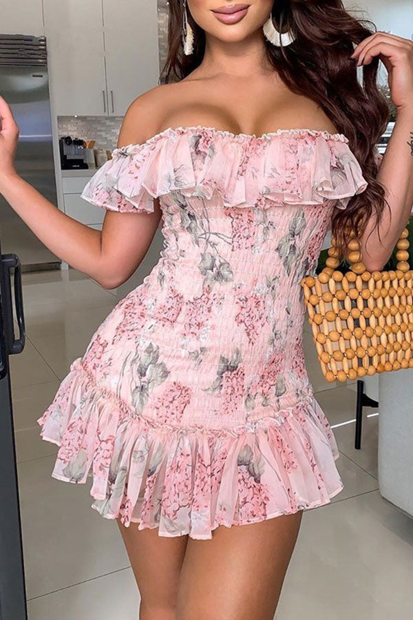 storexq Floral Print Strap Shirred Sweet Off Shoulder Ruffle Mini Dress