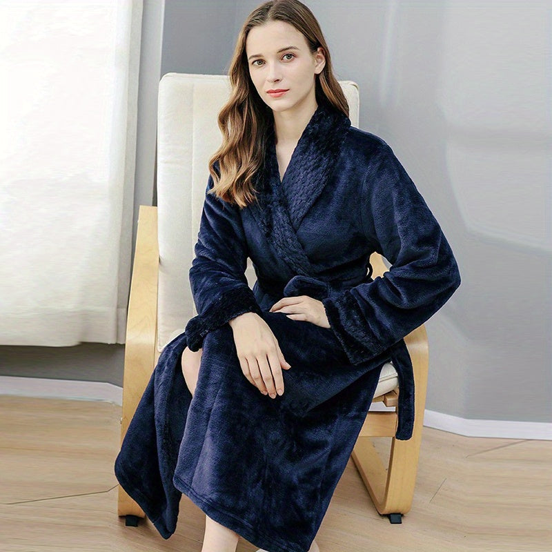 1pc Autumn And Winter Bathrobe, Soft And Skin-friendly Long Sleeve Bathrobe, Thickened Nightgown With Pocket, Warm Long Robe For Home, Bathroom Supplies