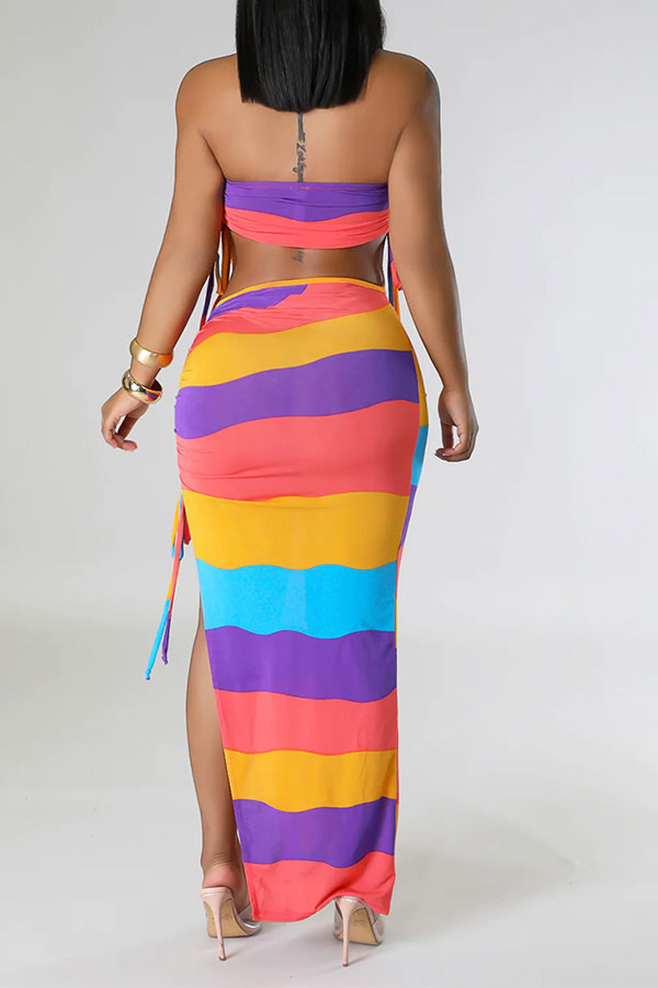 storexq Rainbow Kitsch Drawstring High Split Dress Suit