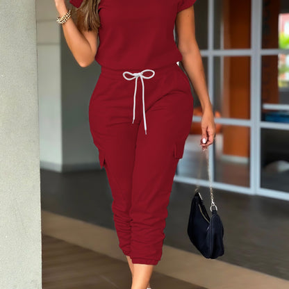 Casual Solid Color Pants Set, Short Sleeve T-shirt & Flap Pockets Drawstring Jogger Pants Outfits, Women's Clothing