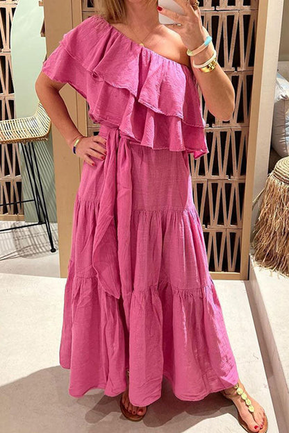 storexq Solid Color Feminine Lace-Up Tiered Ruffle Maxi Dress