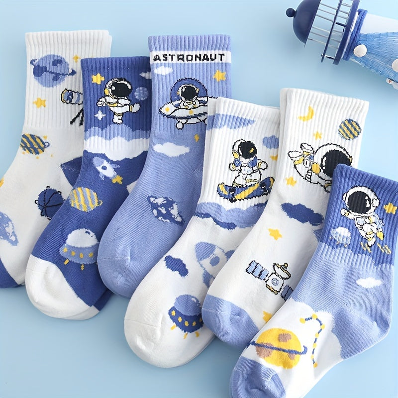 8 Pairs Of Kid's Fashion Cute Astronaut Pattern Crew Socks, Comfy & Breathable Soft & Elastic Sport Socks For Spring And Summer