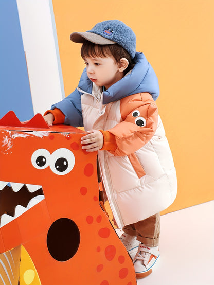 Boy's Trendy Color Block Dinosaur Mid-length Down Jacket, Long Sleeve Warm Hooded Coat With Pockets For Winter Outdoor Casual Activities