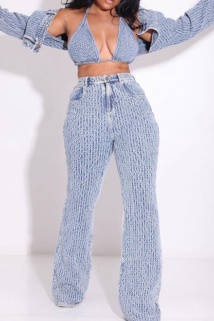 storexq Crochet Hollow-Out Stylish Wide Leg Denim Pant Suit