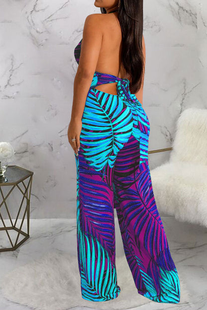 storexq Leaf Print Tropical Backless Lace-Up Jumpsuit