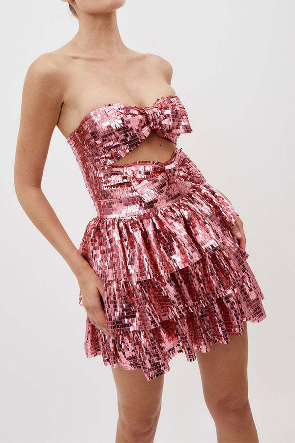 storexq Sequined Glittery Bow Design Tiered Mini Dress