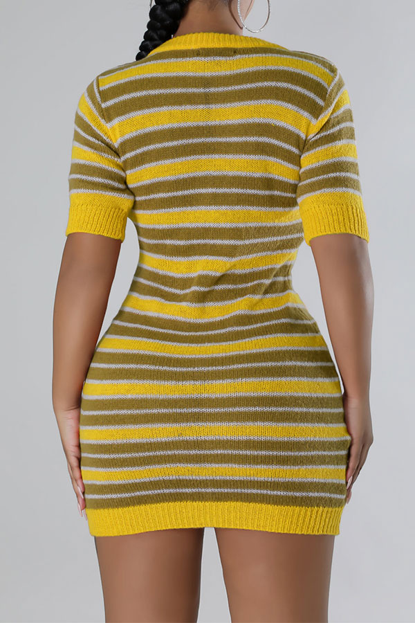 storexq Striped Patchwork Casual Knitted Mini Dress