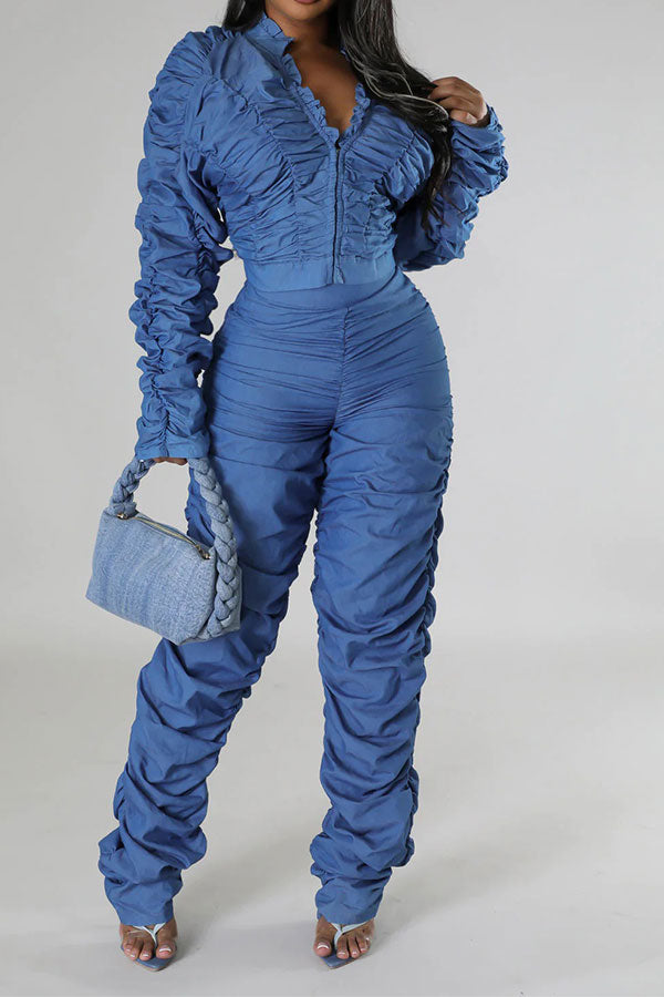 storexq Solid Color Unique Ruched Pant Suit