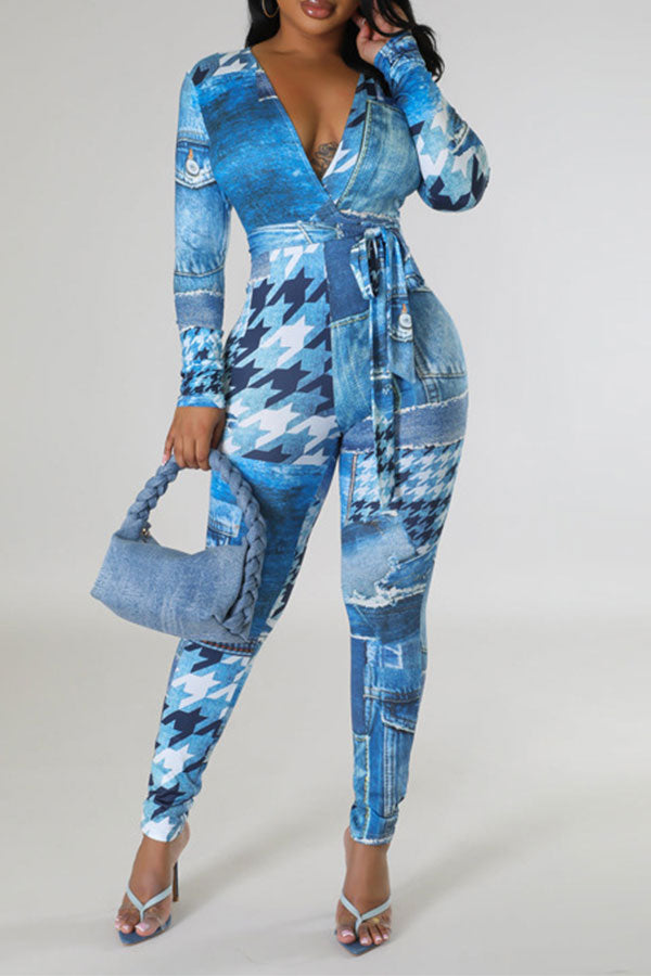 storexq Imitation Denim Print Simple Belted Bodycon Jumpsuit