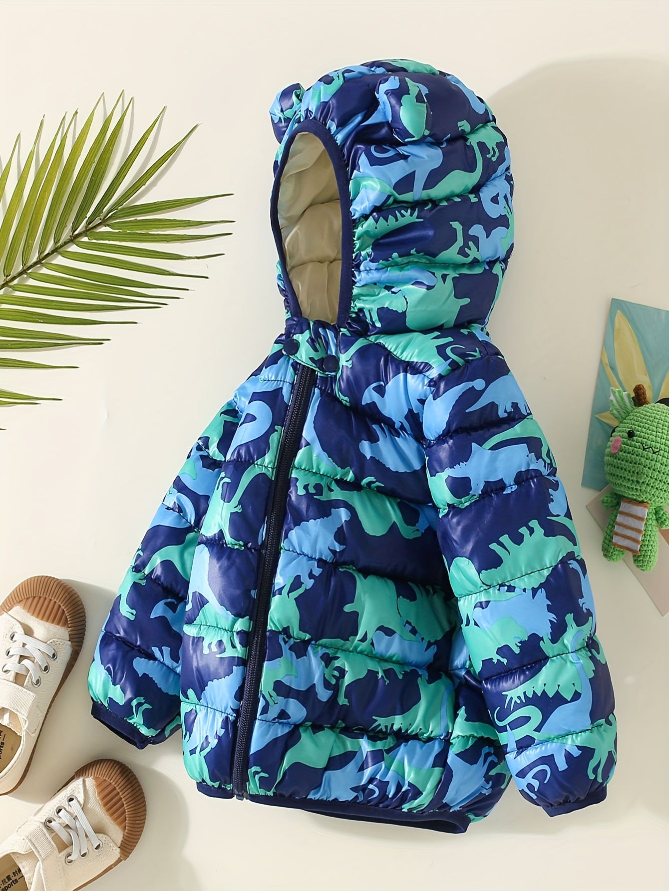 Toddler Boy Dinosaur Pattern Hooded Padded Jacket