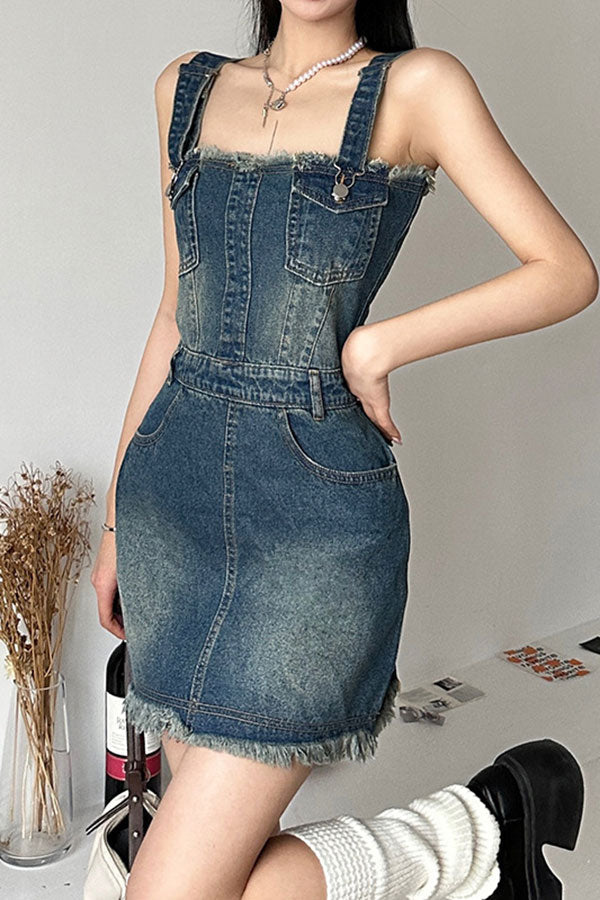 storexq Gradient Girly Suspenders Denim Mini Dress