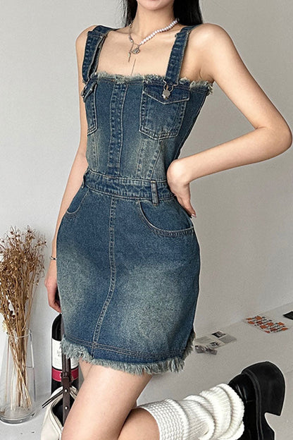 storexq Gradient Girly Suspenders Denim Mini Dress