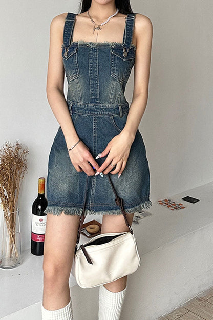 storexq Gradient Girly Suspenders Denim Mini Dress