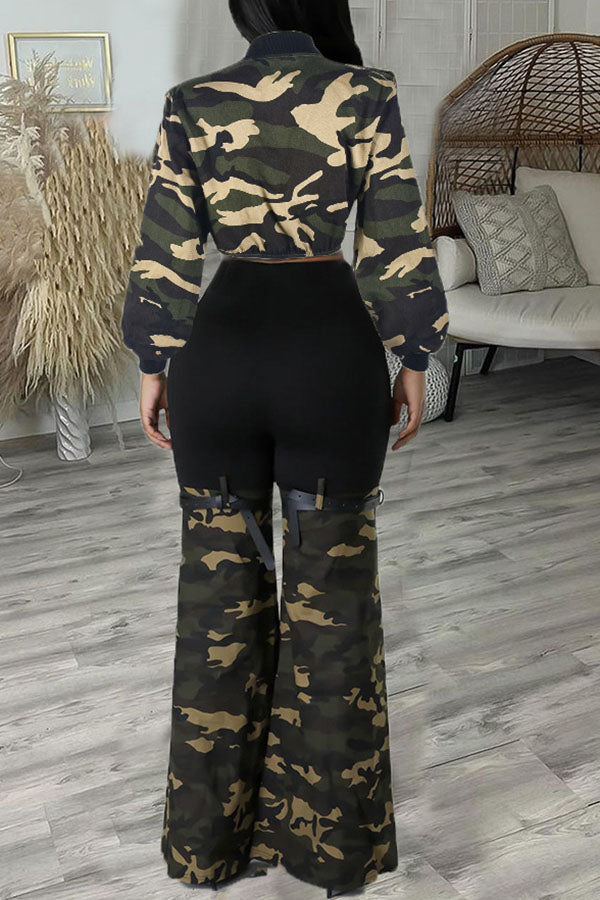 storexq Camouflage Punk Belt Decor Micro Flared Pant Suit