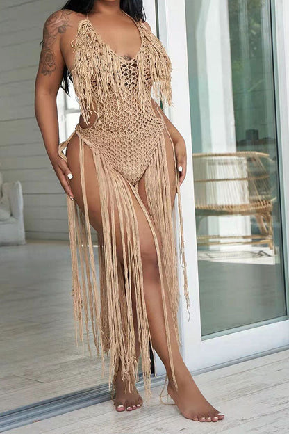 storexq Solid Color Backless Romantic Crochet Cutout Tassel Beachwear