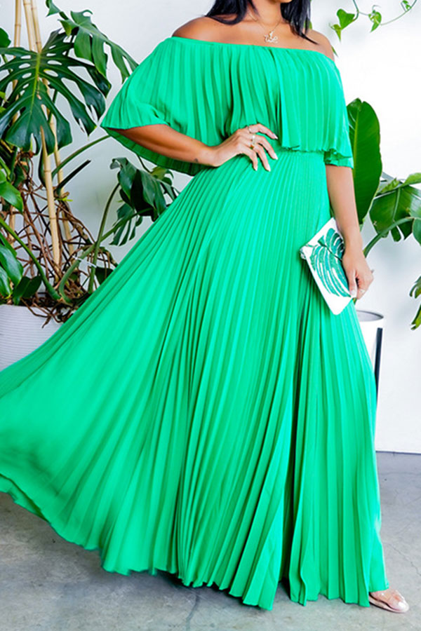 storexq Solid Color Off Shoulder Elegant Pleated Swing Maxi Dress