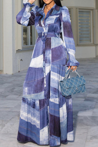 storexq Denim Print Casual Belted Tiered Maxi Dress