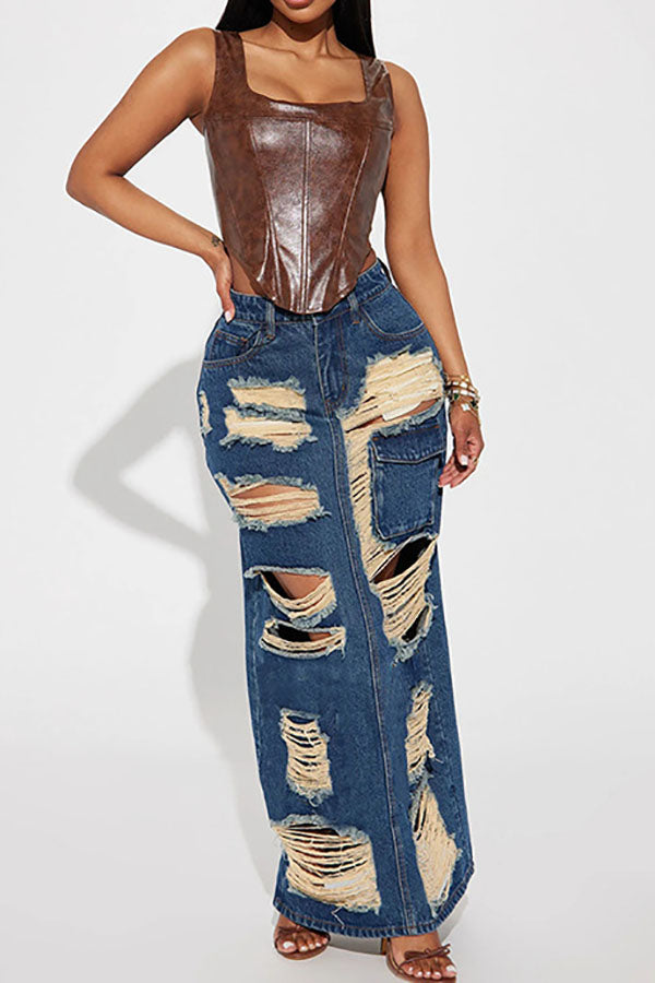 storexq Ripped Hippy Pocket Washed Denim Skirt