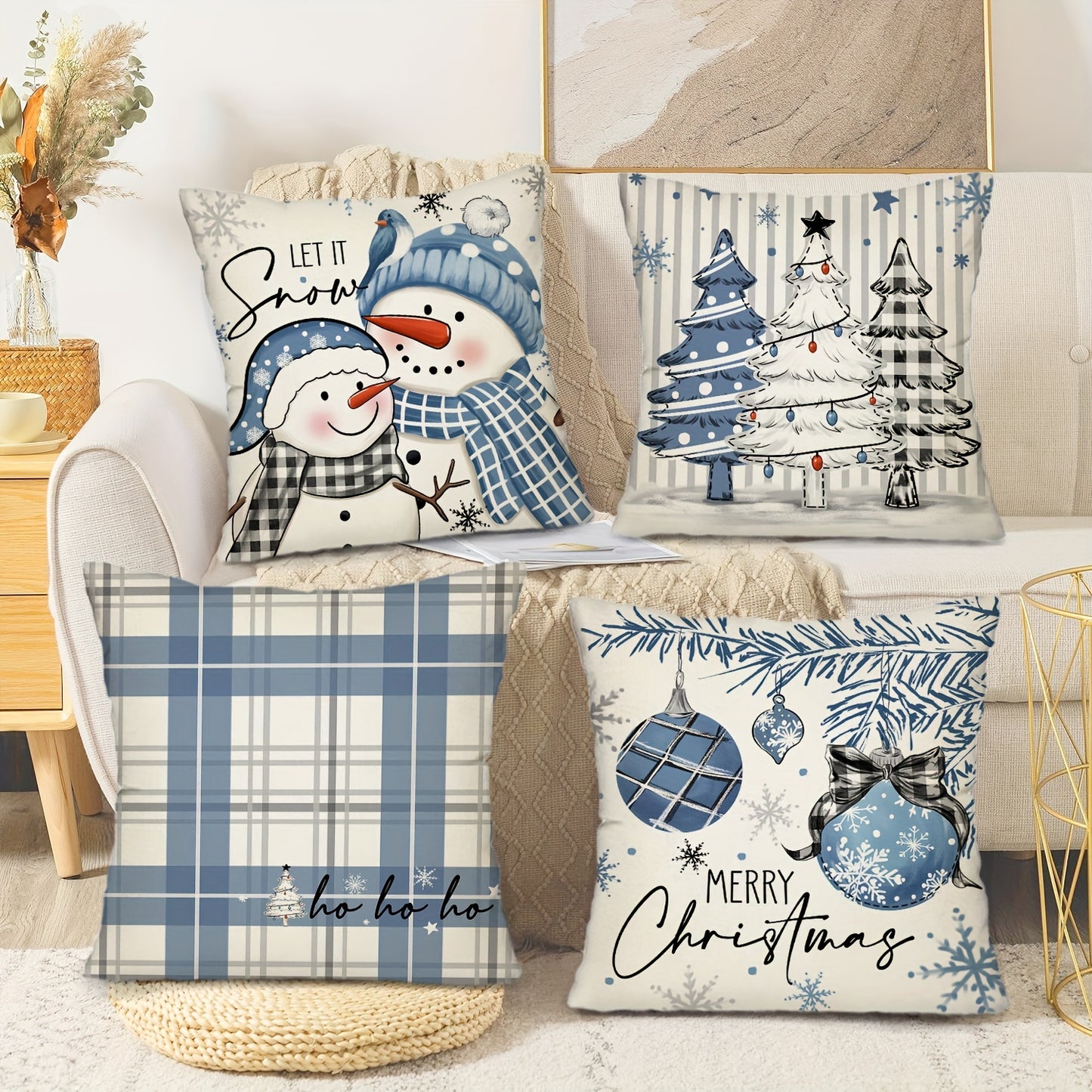 4pcs/set Christmas Pillow Covers, Cute Square Cushion Covers, Blue Style Merry Christmas Text Pattern Throw Pillow Covers, Christmas Tree, Jingle Bell & Santa Claus Cushion Case, Ideal For Home Sofa Living Room Winter Holiday Decor, 17.7x17.7 Inch