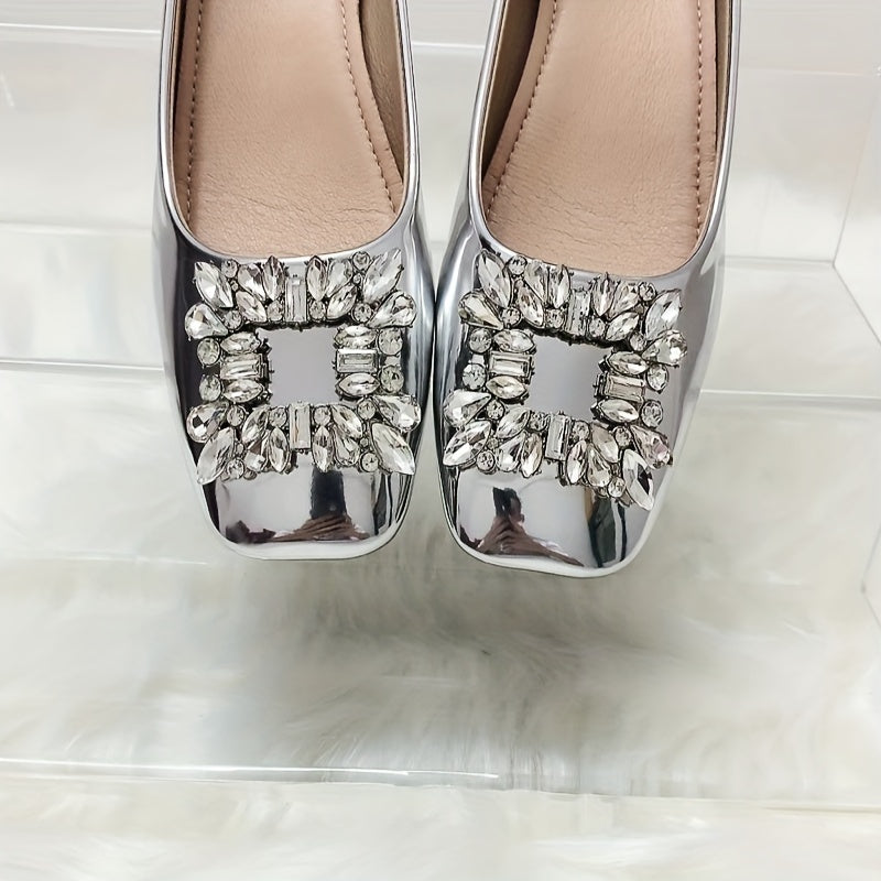 Shimmering Rhinestone Chunky Heel Pumps - Square Toe, Seamless Slip-On, Glamorous Dress Shoes for Women - Perfect Evening & Party Wear