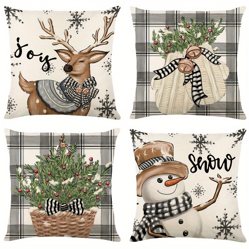 4 Pcs/set Christams Throw Pillow Cover With Four Design: Plaid Trees, Bows, And Messages Like Merry & Bright, Let It Snow; Red Black & White Tones Creates Cozy Holiday Feel, Home Decor, 17.7*17.7inch