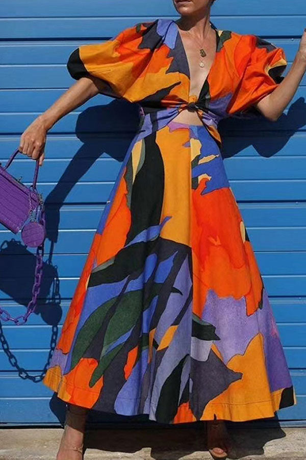 storexq Colorful Graphic Print Knotted Detail Cutout Midi Dress