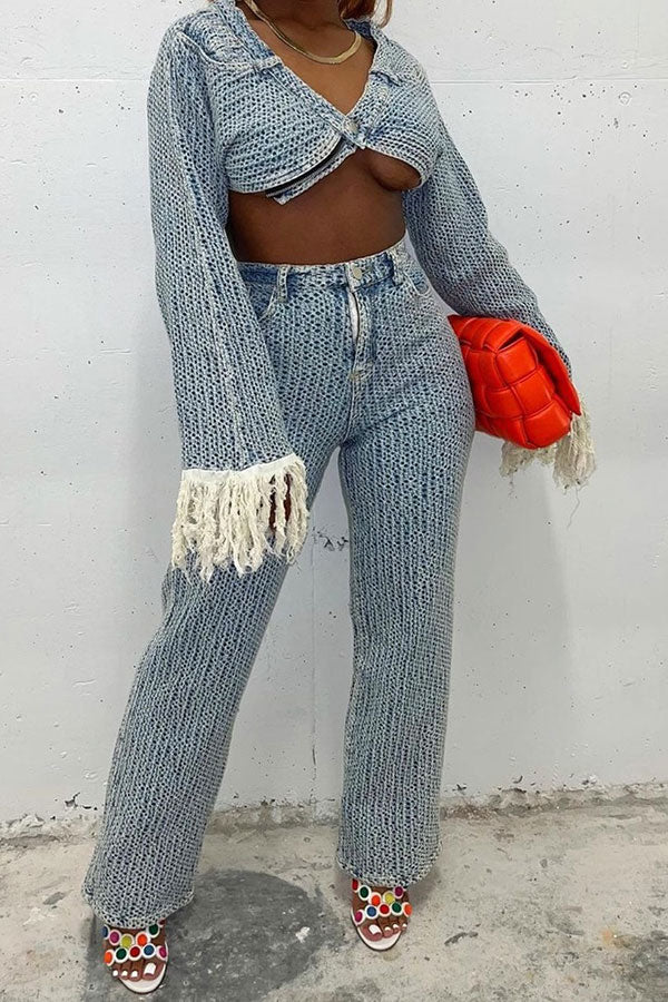 storexq Crochet Hollow-Out Stylish Wide Leg Denim Pant Suit