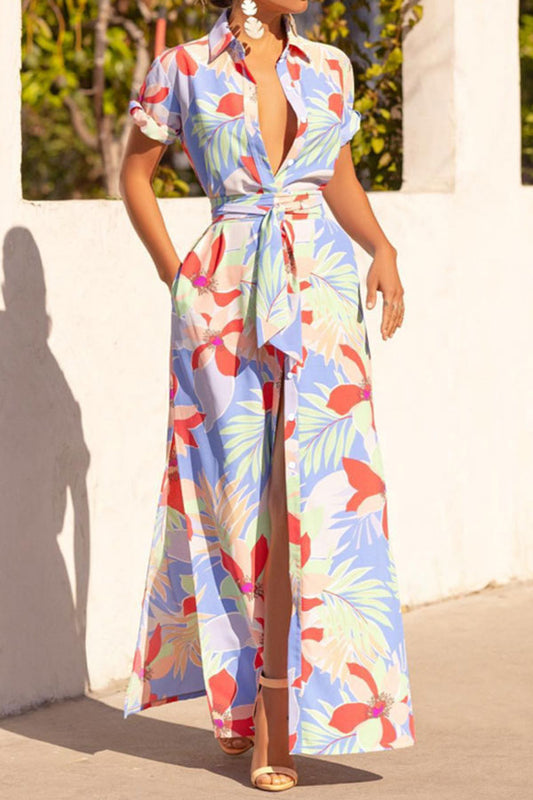 storexq Floral Print Pretty Belted Side Split Maxi Dress