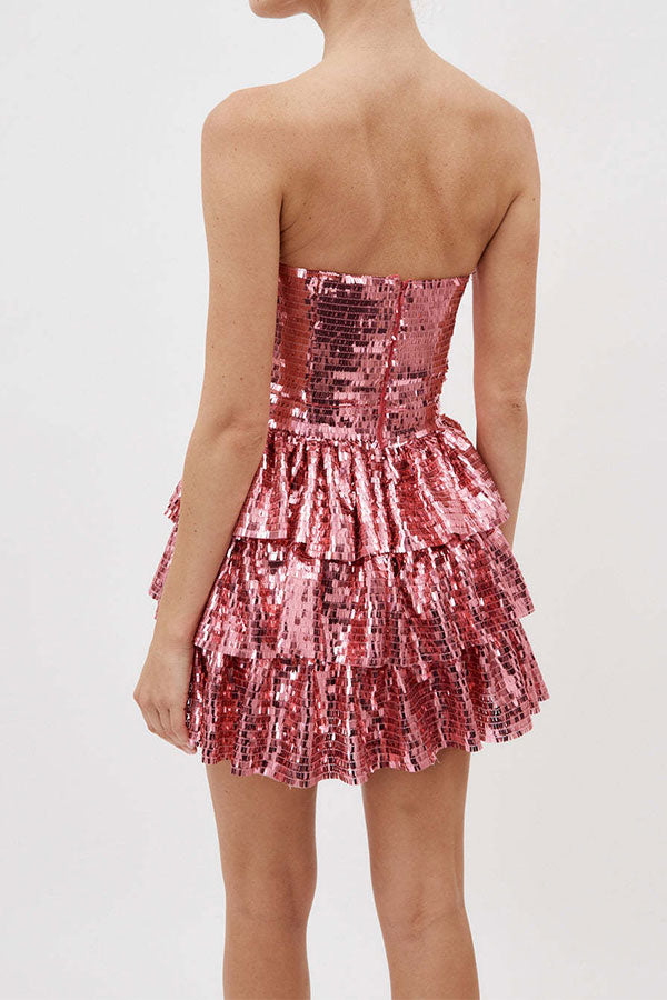 storexq Sequined Glittery Bow Design Tiered Mini Dress