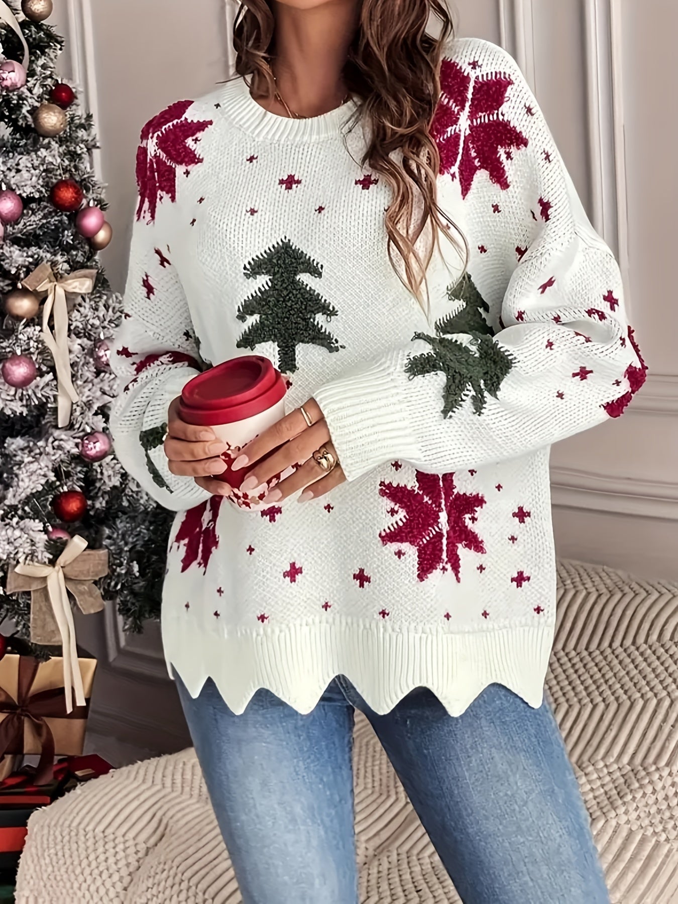 Cozy Christmas Tree Knit Sweater for Women - Casual Long Sleeve Crew Neck Pullover, Perfect for Fall & Winter