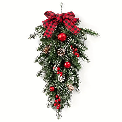 1pc, Artificial Christmas Teardrop Swag Wreath, 21.6 Inches Christmas Pine Cones Red Berries Swag Decoration Teardrop Swag Pendant for Wall Door Window