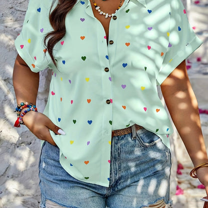 Charming Plus Size Heart Print Blouse - Casual Short Sleeve with Button Detail - Perfect for Spring - Designed for Curvy Womens Fashion