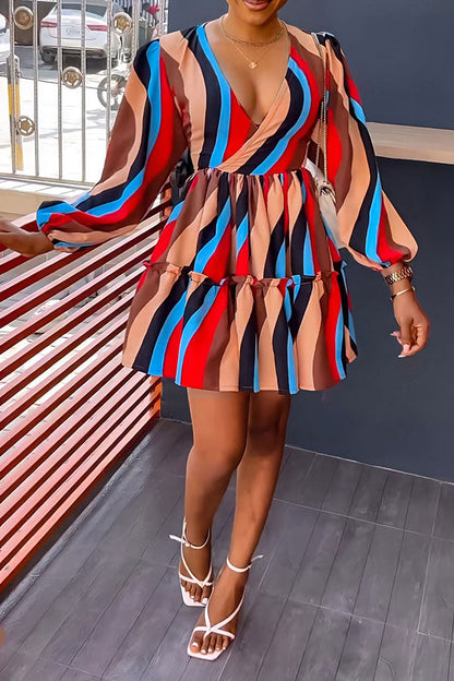 storexq Color Block Classic Tiered Ruffle Mini Dress