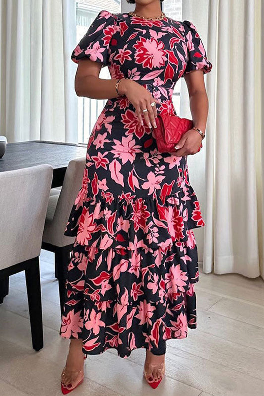 storexq Floral Print Glamorous Belted Tiered Midi Dress