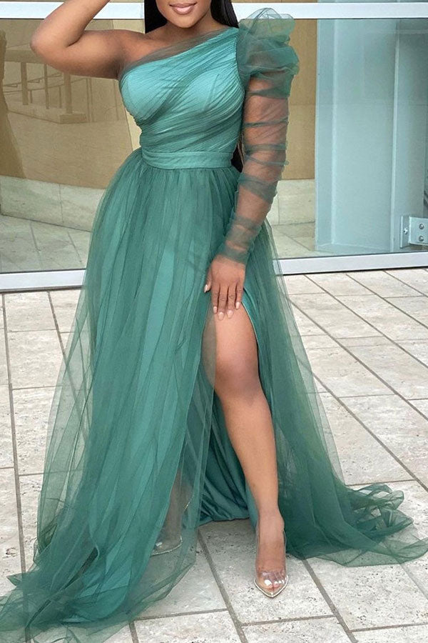 storexq Solid Color One Shoulder Elegant Split Swing Tulle Maxi Dress