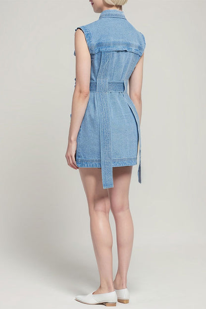 storexq Washed Denim Stylish Ribbons Belted Mini Dress