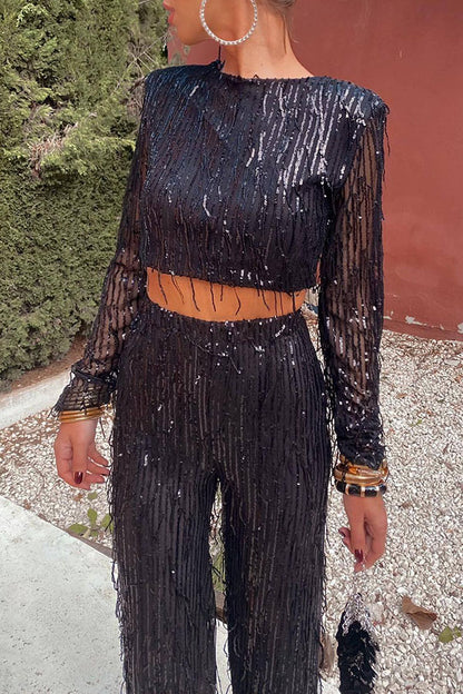 storexq Solid Color Sequined Glittery Tassel Pant Suit