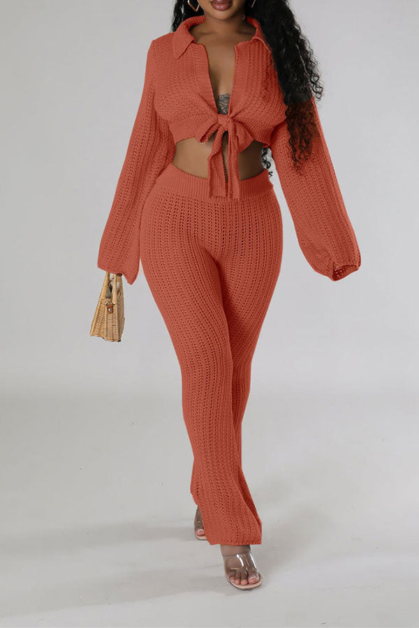 storexq Solid Color Tie Front Simple Knitted Pant Suit