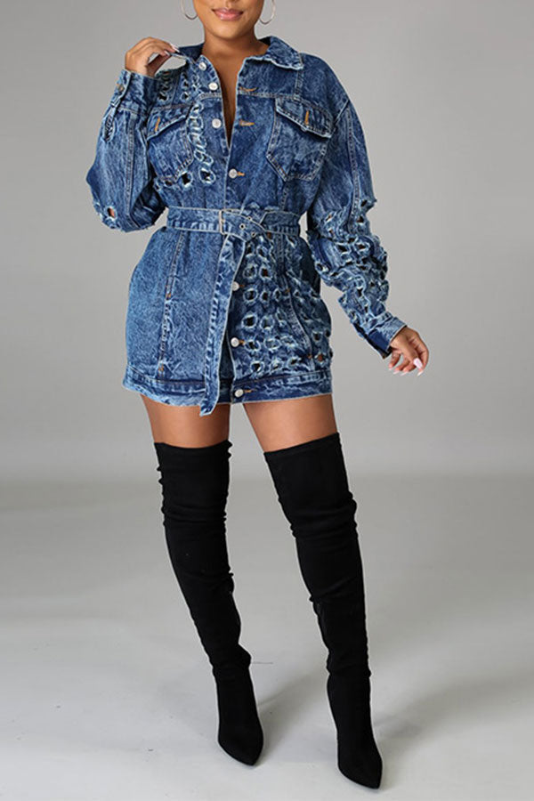 namcoverse Blue Stylish Cutout Belted Denim Mini Dress