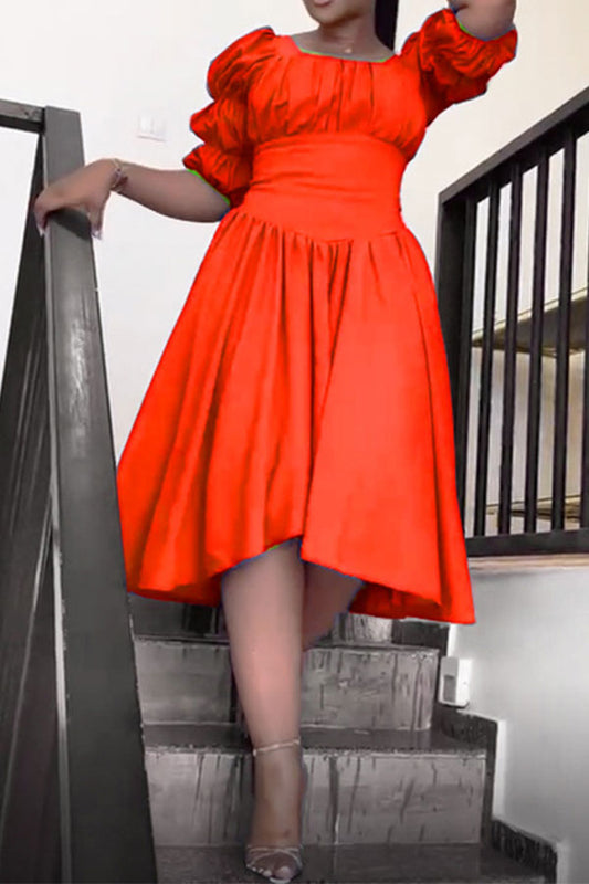 storexq Solid Color On-trend Puff Sleeve Midi Dress