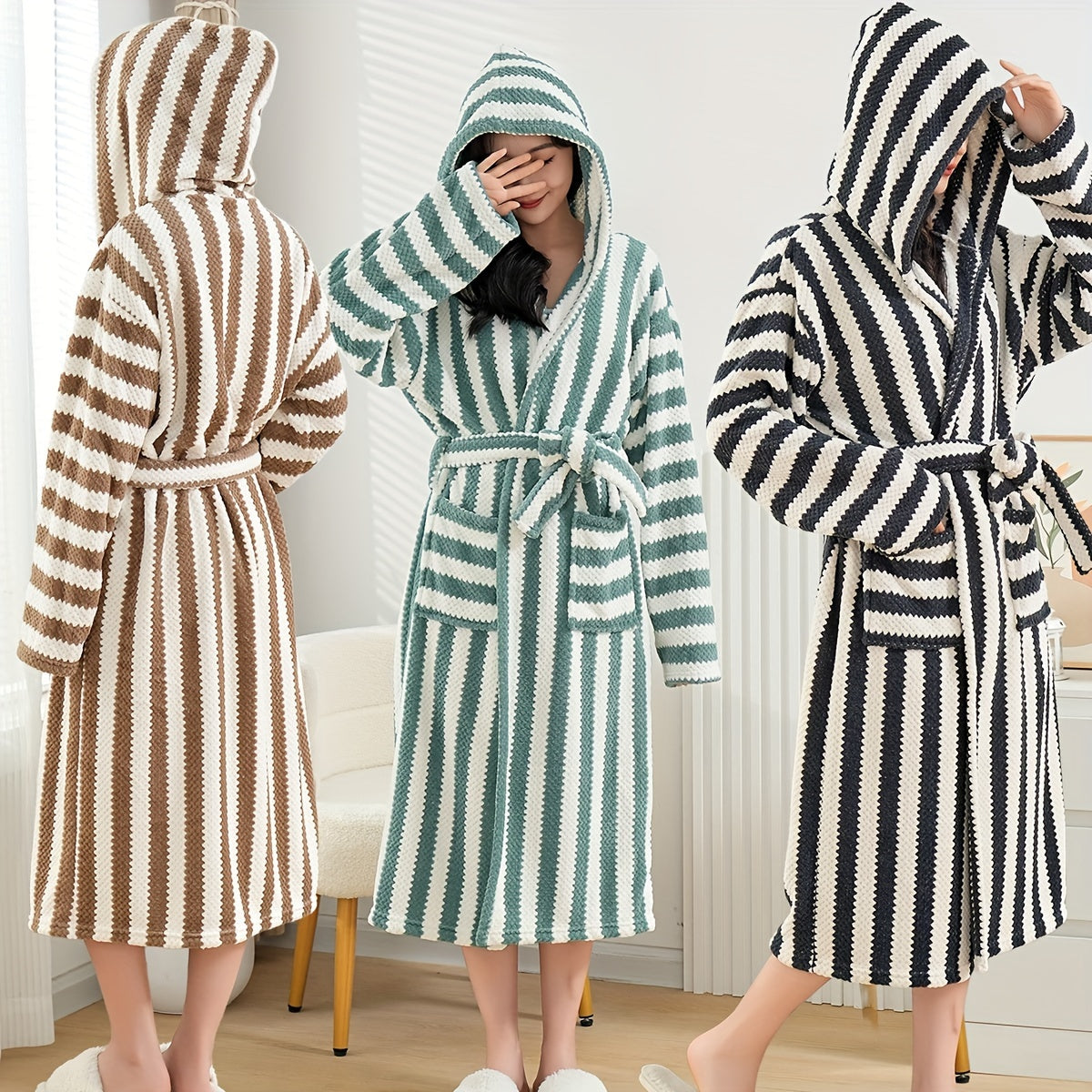 Contemporary Striped Bathrobe: Soft, Warm, and Absorbent - Suitable for All Genders and Sizes