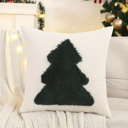 1pc Traditional Style Christmas Tree Embroidered Throw Pillow Cover, Geometric Pattern, Cotton Blend, Zip Closure, Hand Wash Only, for Living Room Decor - Festive Holiday Cushion Case