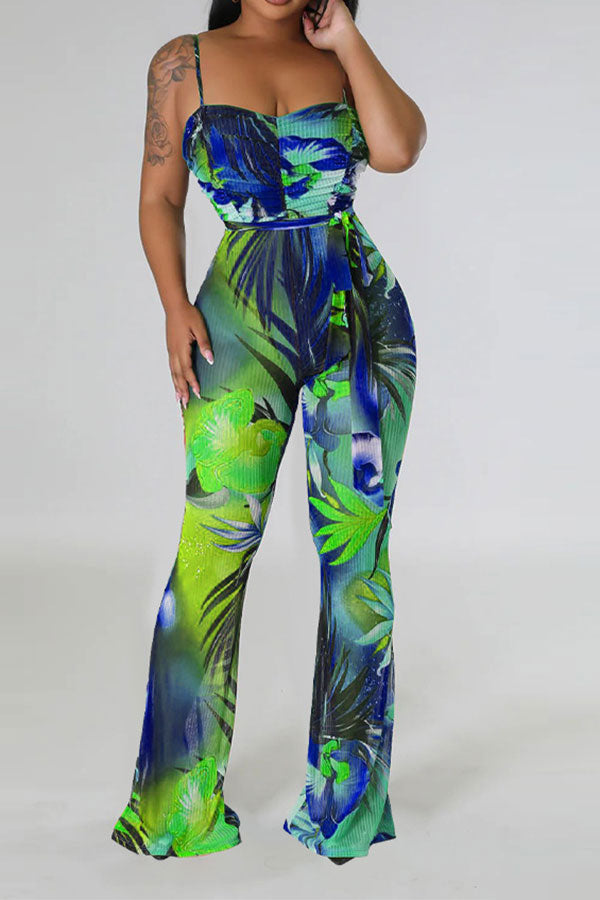 storexq Floral Print Romantic Belted Bell Bottoms Jumpsuit