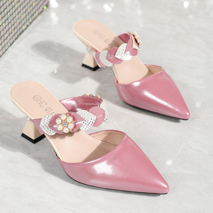 High Heel Pointed Toe Block Heel Sandals - Elegant Faux Pearl & Heart Embellished Slip-On Dress Slides with PU Faux Leather Upper, Rubber Sole, and Comfortable Polyurethane Insole - Perfect for Valentines Day, All-Season Wear