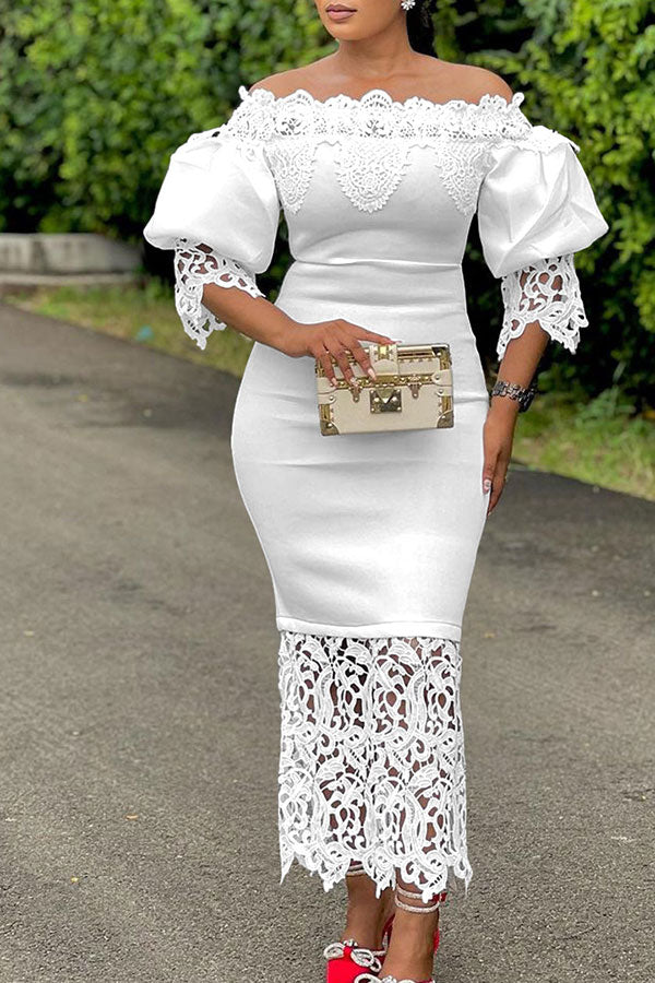 storexq Lace Patchwork Elegant Off Shoulder Midi Dress