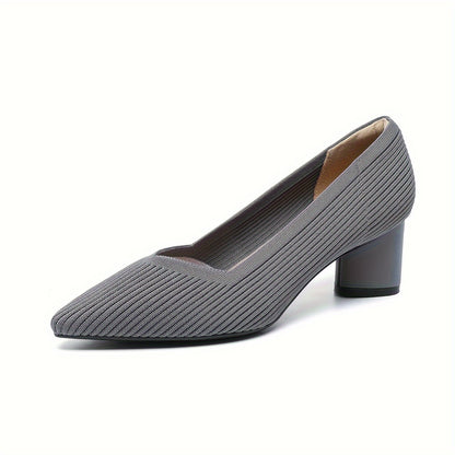 Chic Womens Knit Slip-On Pumps - Soft Chunky Heels, Pointed Toe, Breathable Comfort - Ideal for Work & Casual Style