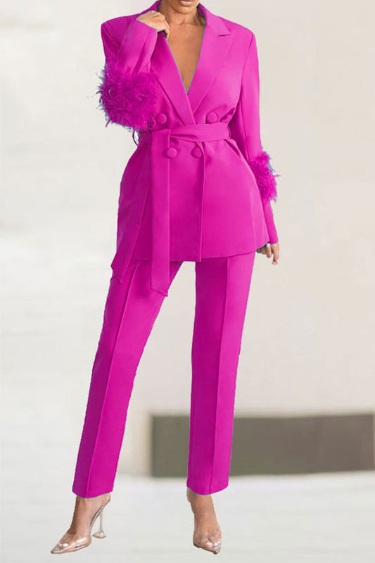 storexq Solid Color Feather Trim Elegant Belted Pant Suit