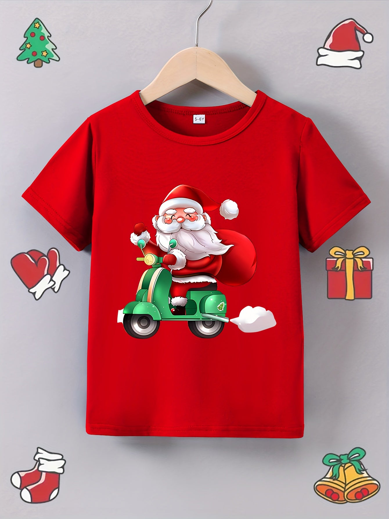 [Customer Favorite] Boys' Summer Skateboard Santa Print T-Shirt - Casual, Comfy Polyester Blend, Round Neck, Non-Transparent - Perfect for Christmas