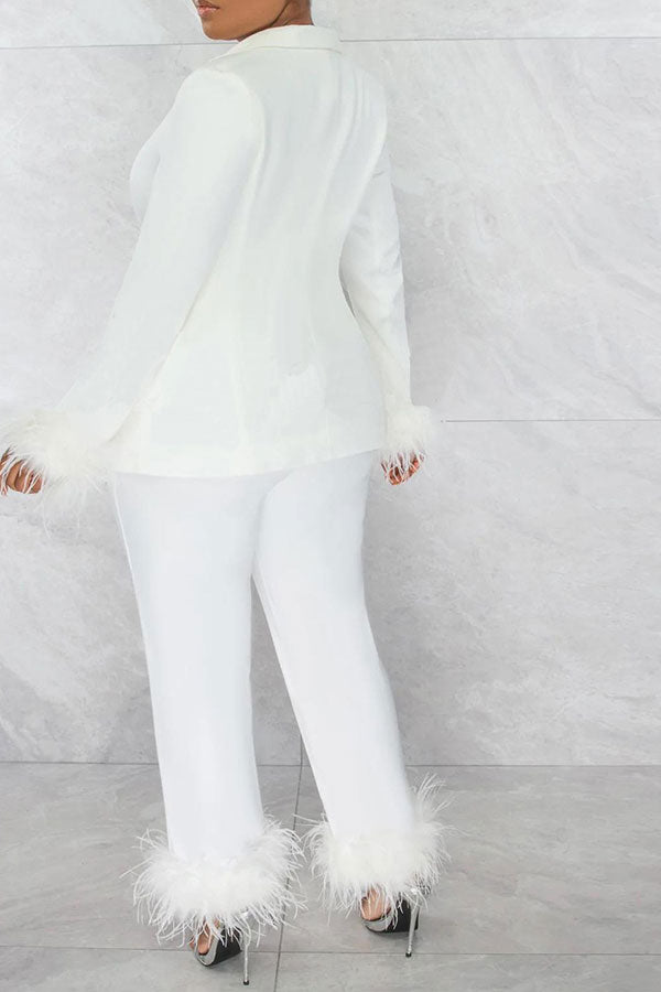 storexq Solid Color Glamorous Feather Trim Office Pant Suit